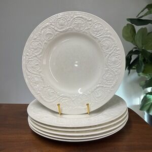 6 x Wedgwood Patrician Dinner Plates Cream Ivory Embossed England Victorian